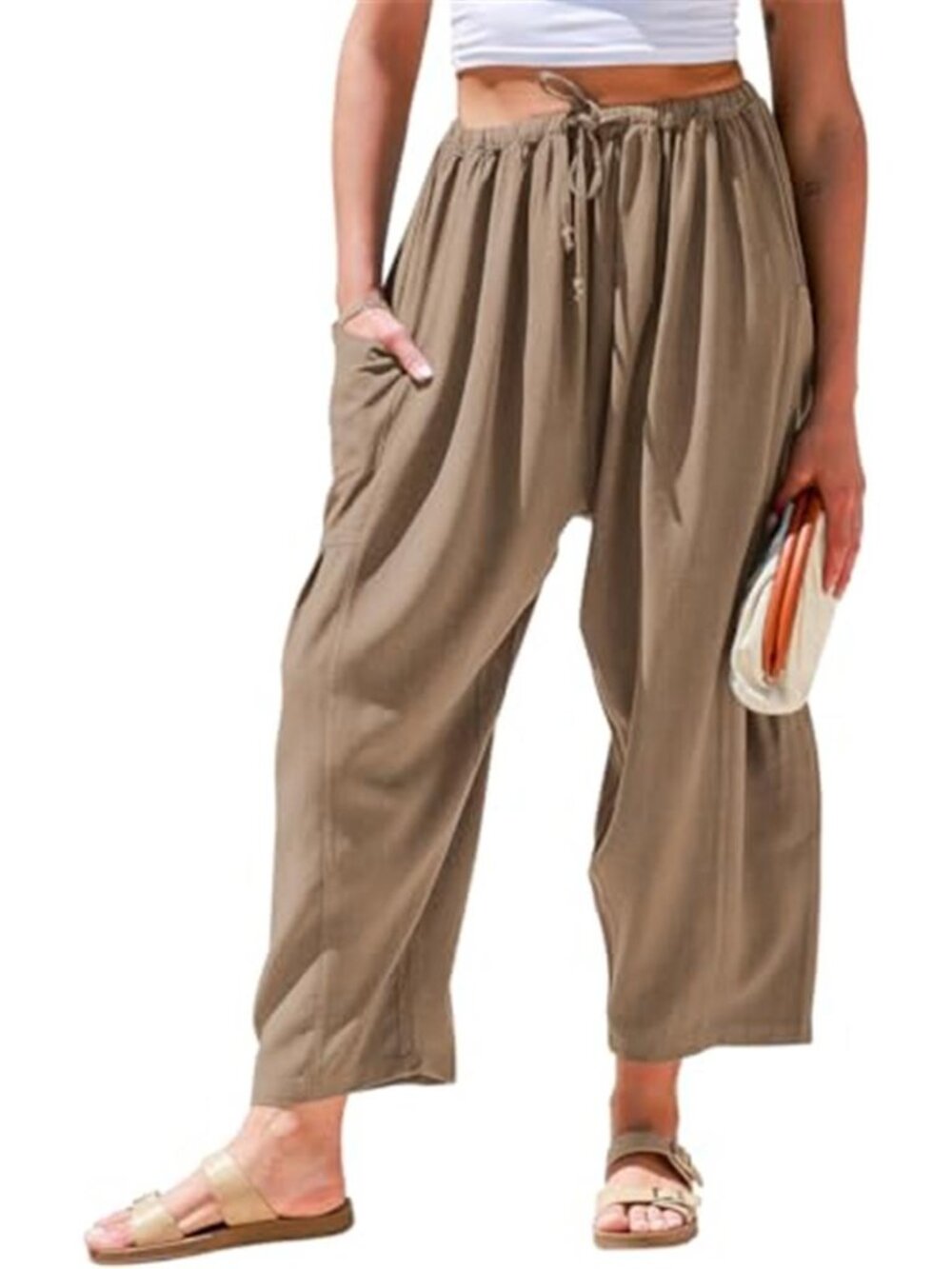 Womens Linen Blend Wide Leg Palazzo Pants Drawstring Loose Casual Pockets